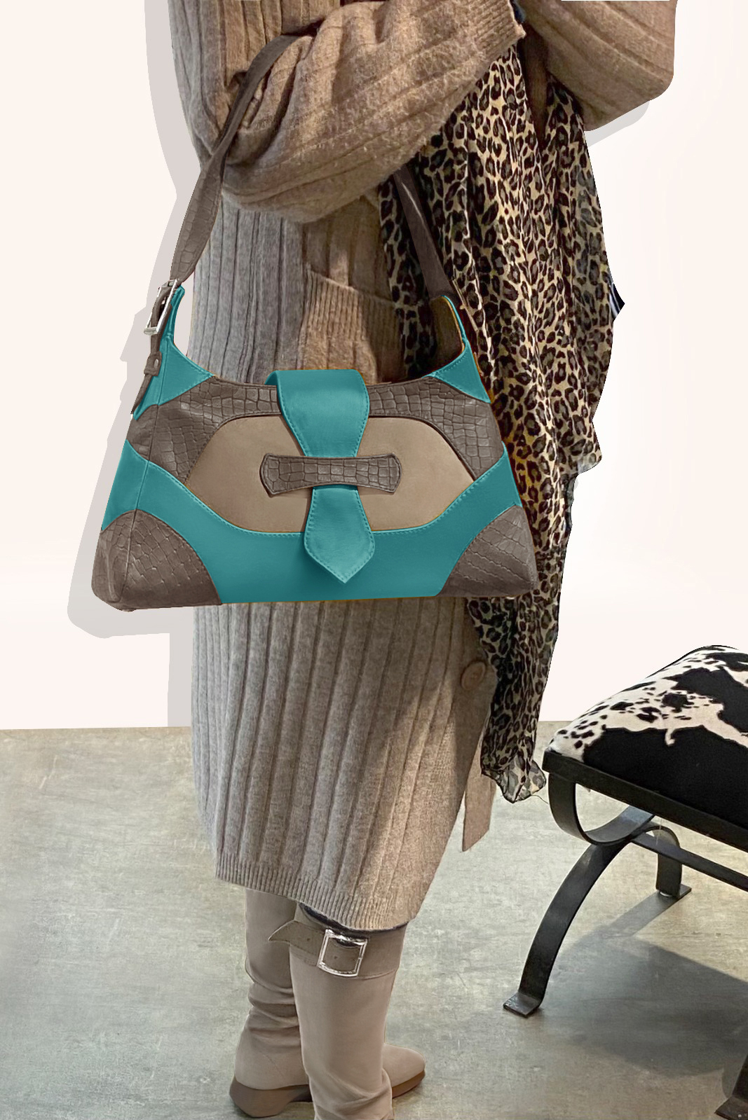 Taupe brown, tan beige and aquamarine blue women's dress handbag, matching pumps and belts. Worn view - Florence KOOIJMAN